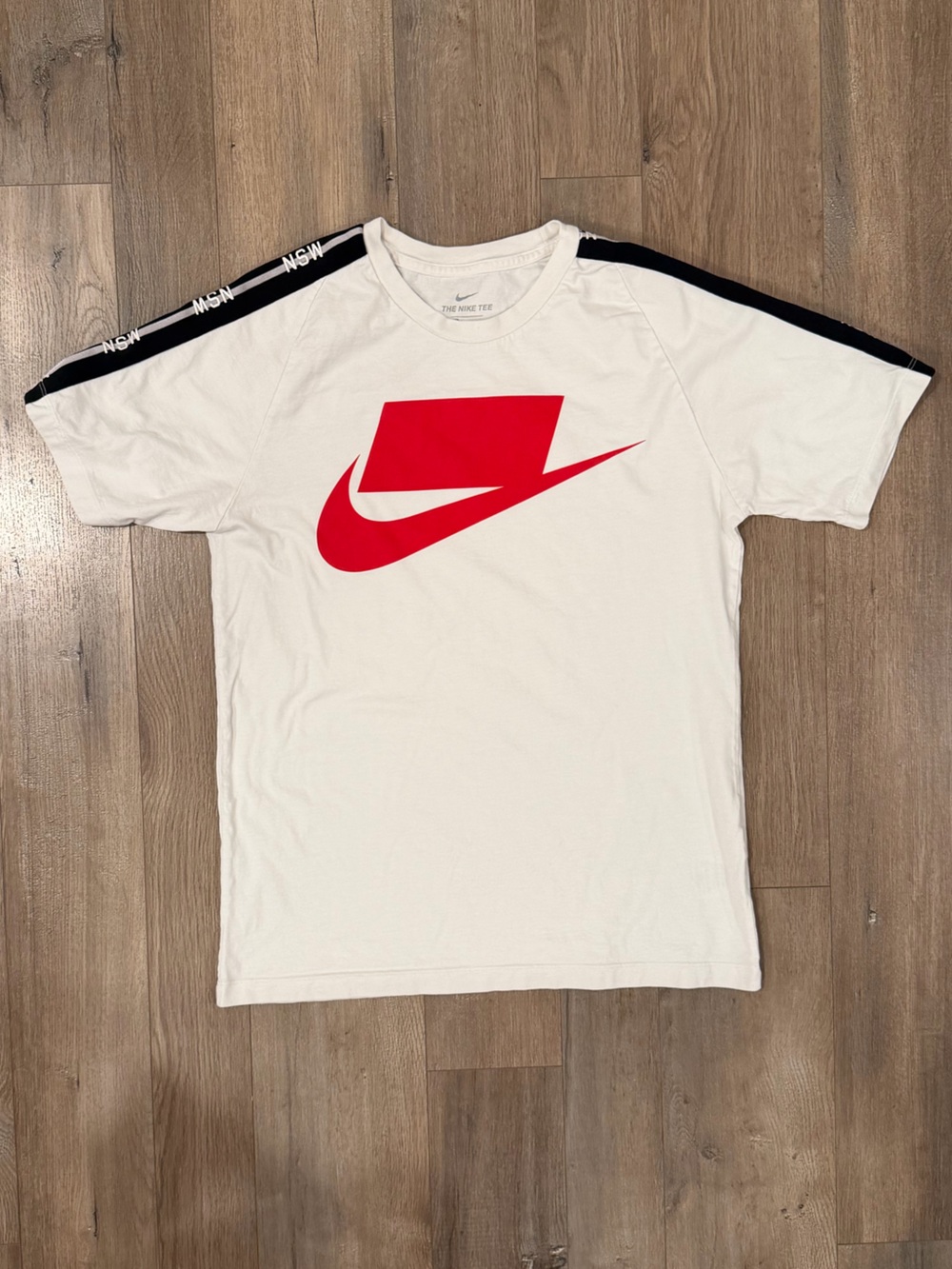 Nike White Short Sleeve Tee with Red Swoosh and Black Shoulder Tape